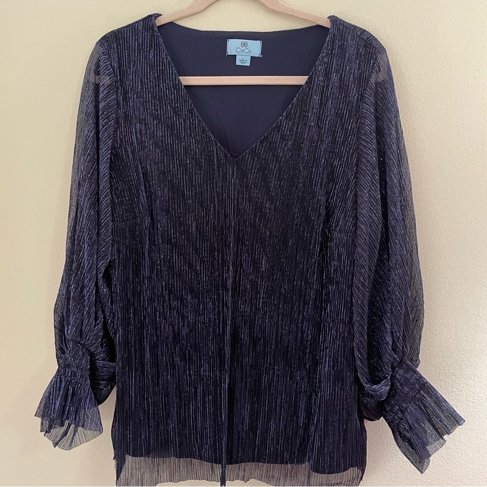CeCe Metallic Navy Flutter Blouse